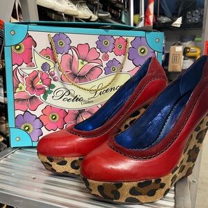 Poetic License Red and Leopard Print Wedges